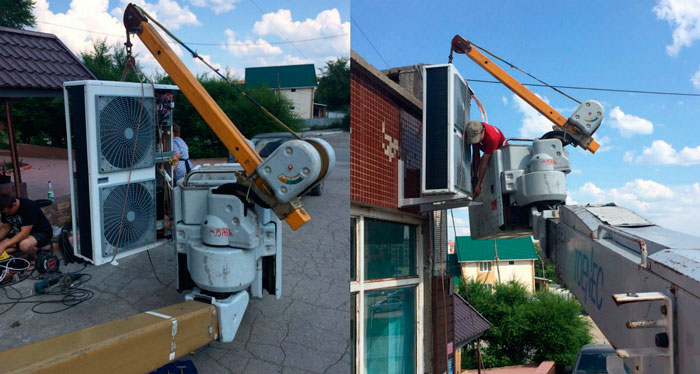 установка кондиционера на стену с подъемником