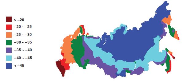 Распределение температур самой холодной пятидневки по территории России.